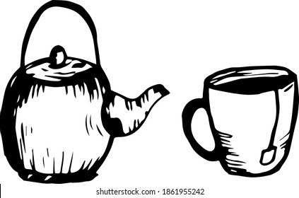 One hand drawn mug with tea bag and teapot design for greeting cards, posters, recipes, cooking design. Isolated on a white background.Black and white graphics