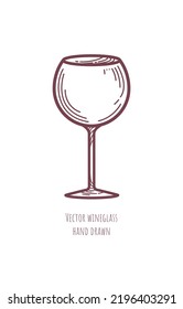 One hand drawn vector glass with long stem on white background. Dishes for alcoholic drink. Wine list. Logo design. Restaurant emblem. Decorative art element for bar menu, advertising layout, banner.