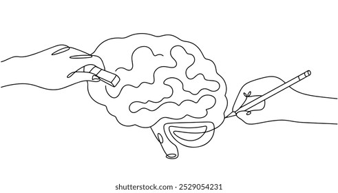 One hand draws the brain, and the other erases it with an eraser. Symbol of loss of memories. Erasing events from a person’s memory. Amnesia. Vector line drawing.