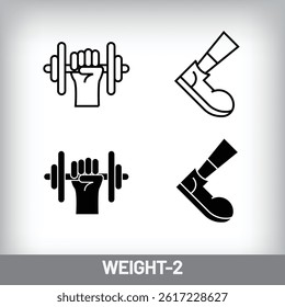 One hand dumbbell lifting and running sport design. Simple linear and flat fitness weight icon set.