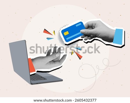 One hand extends a plastic credit card to another hand extended from a laptop monitor. Modern photo collage style. Vector illustration