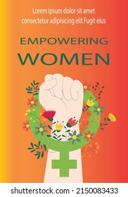 Una mano con flores, plantilla de diseño de la tarjeta de hoja. Ilustración manual de mujeres profesionales con texto de ejemplo