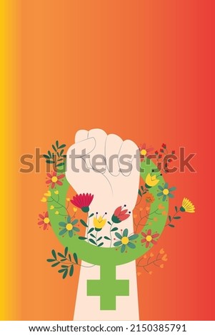 One hand with flowers, leaf card design template. Professional women hand illustration with sample text