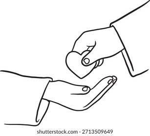 Una mano dando suavemente una forma de corazón Pequeño a otra mano abierta. Concepto de donación, caridad, amor, cuidado, generosidad o ayuda espiritual. Ilustración de arte de línea dibujada a mano, ideal para médicos.