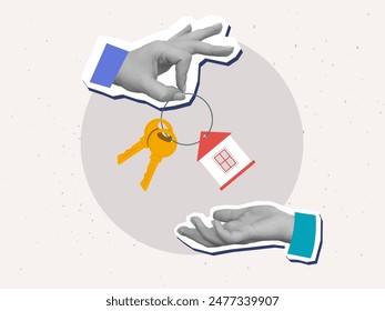 One hand gives and another hand takes a bunch of two keys with a keychain in the shape of a house. Keys to the apartment. Vector illustration in a modern collage style