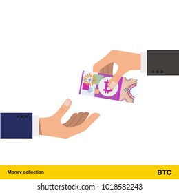 One hand gives Bitcoin in other hand