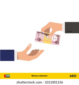 One hand gives Dirham in other hand