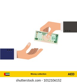 One hand gives Dirham in other hand