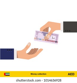 One hand gives Dirham in other hand