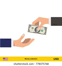 One hand gives Dollar in other hand