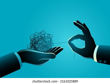 One hand gives a tangled thread and the other hand tries to untangled it, metaphor for coaching, helping to give solution in business