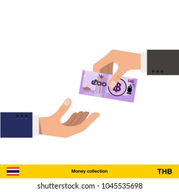 One hand gives Thai baht in other hand
