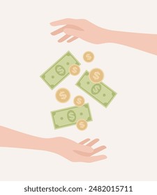 One hand giving to another hand coins and bills. Flat vector illustration