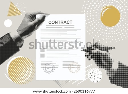 One hand giving a contract to the other to sign a contract in halftone collage style. Signing the document concept. Application form. Filling out, completing, signing business documents. Paper page. 