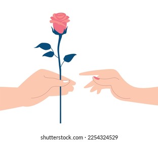 One hand giving a flower to another hand, a romantic gift for a date, birthday or women's day, vector illustration