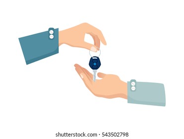 One hand giving key to another. Process of buying renting selling in cartoon style flat design. Vector illustration of two isolated arms with key. Agreement between two people about sales purchase.