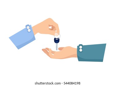 One hand giving key to another. Process of buying renting selling in cartoon style flat design. Vector illustration of two isolated arms with key. Agreement between two people about sales purchase.