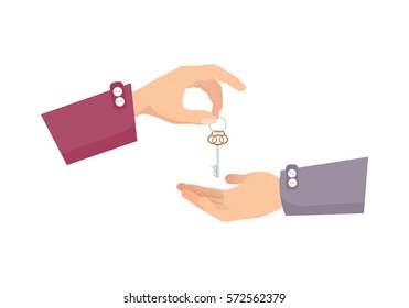 One hand giving key to another. Process of buying renting selling in cartoon style flat design. Vector illustration of two isolated arms with key. Agreement between two people about sales purchase.