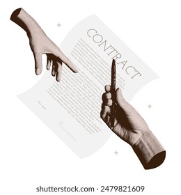 One hand giving a pen to the other to sign a contract in halftone collage style. Signing the document concept. Application form. Filling out, completing, signing business documents. Paper page. Vector