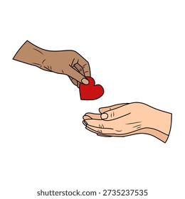 One hand is giving a red heart to another open hand.