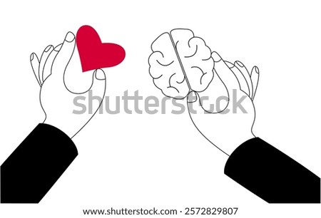 One hand with a heart and the other with a brain. Vector illustration in cartoon style on the theme of choosing a decision with the heart or the mind.