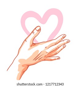 One hand hold heart. Illustration of helping each other, care and protection.