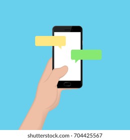 One hand holding a black smartphone and tapping to send message on blank screen. Vector illustration.