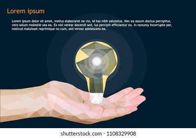 one hand holding bulb lamp to idea innovation with dark blue background, blighting lamp, polygon design, low poly effect, vector art and illustration. triangle shape and geometric,insert text.