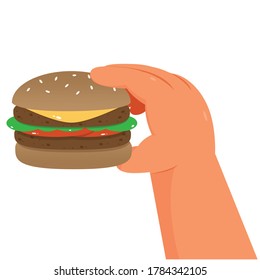 One Hand Holding A Burger, On White Background - Illustration Vector 