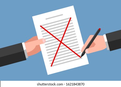 One hand is holding document, another hand is crossing out text content with red pen. Concept of document cancellation, agreement disapproval, request refusal, error correcting and proofreading