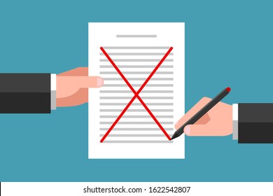 One hand is holding document, another hand is crossing out text content with red pen. Concept of document cancellation, agreement disapproval, request refusal, error correcting and proofreading