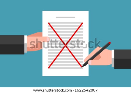 One hand is holding document, another hand is crossing out text content with red pen. Concept of document cancellation, agreement disapproval, request refusal, error correcting and proofreading