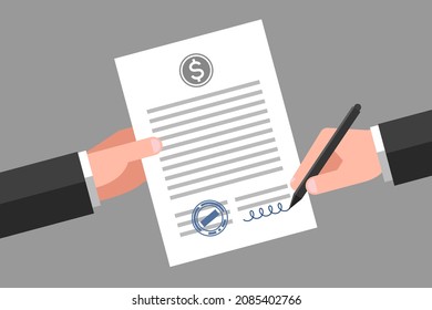 One hand is holding document with dollar sign and text, another hand is signing it. Concept of loan agreement, bank loan, getting money in debt, financial deal