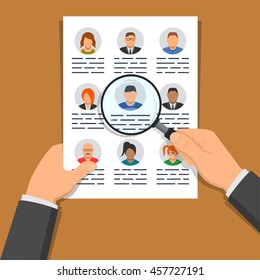 One hand holding document with list of people and another hand holding magnifier over it. Illustration concept of human resources management, finding personnel and headhunting