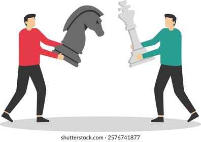 One hand holding figures chess horse other hand chess queen. Intellectual game strategy politics. Flat vector illustration.

