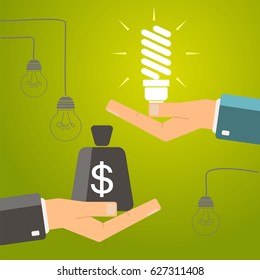 One hand holding idea light bulb and other hand offers money bag.  Buy idea, investing in innovation, modern technology business concept. Vector