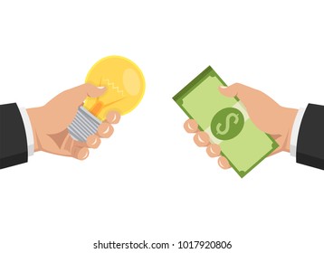 One hand holding light bulb and other hand offers money.  Buy idea, investing in innovation, modern technology business concept. Vector illustration.