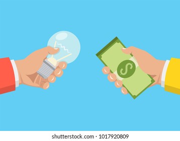 One hand holding light bulb and other hand offers money.  Buy idea, investing in innovation, modern technology business concept. Vector illustration.
