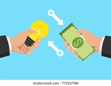 One hand holding light bulb and other hand offers money.  Buy idea, investing in innovation, modern technology business concept. Vector illustration.