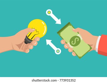 One hand holding light bulb and other hand offers money.  Buy idea, investing in innovation, modern technology business concept. Vector illustration.