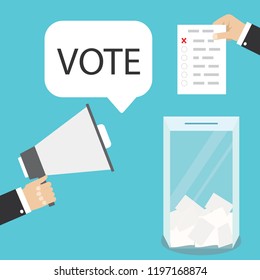 One Hand holding megaphone and speech bubble with vote text,second hand holding ballot page, ballot box,flat vector illustration