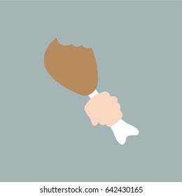 one hand holding a simple clean cartoon tasty fried chicken icon. single bitten meat isolated symbol flat design style 
