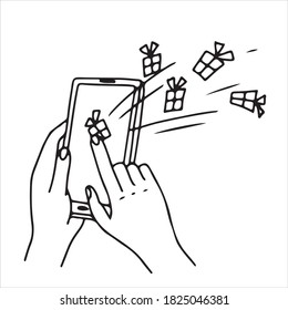 One hand is holding a smartphone.  Another makes a swipe and gifts fly out of the screen.  Illustration on the theme of online shopping.  Drawn in doodle style by outline.  Vector.
