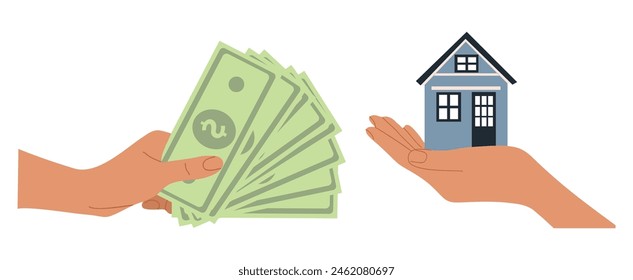 One hand is holding a stack of green bills and another hand holding small house. Real estate Concept. Flat vector hand drawn illustration isolated on white background.