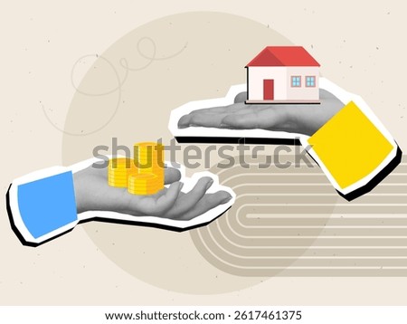 One hand holding a stacks of gold coins and other hand holding a small red house - home purchase. Modern photo collage style. Vector illustration