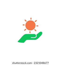 One hand holding sun energy. Vector solid color icon green and orange with green eco energy theme