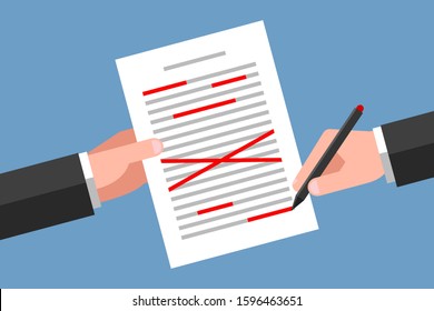One hand is holding text document, another hand are editing content with red pen. Concept of text editing, error correcting, proofreading and spelling check. Document preparation before publication