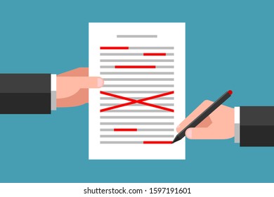 One hand is holding text document, another hand are editing content with red pen. Concept of text editing, error correcting, proofreading and spelling check. Document preparation before publication