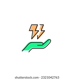 Una mano sostiene la energía eléctrica de trueno. Icono de color de línea de vector verde y naranja con tema de energía ecológica verde