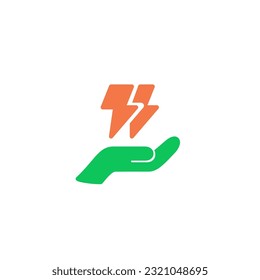 One hand holding thunder electric energy. Vector solid color icon green and orange with green eco energy theme